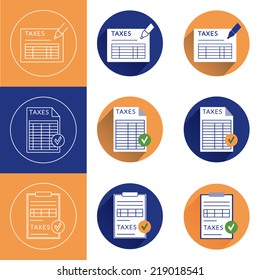 Tax icon set in different stiles - flat, outline  in bright contrast colors