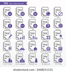 Conjunto de iconos de impuestos - Iconos duales. Igual que impuestos, contabilidad, auditoría, impuestos, iva, banco, dinero, personal; ingresos, valor, financiero, impuestos.