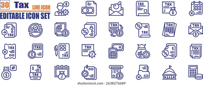 Tax icon set. Interest rate, tax return, vat, tariff, personal tax, collection. 