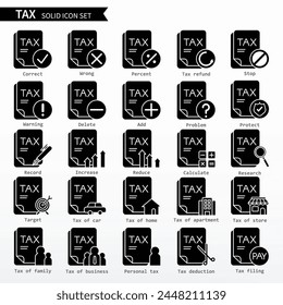 Conjunto de iconos de impuestos - Iconos sólidos. Igual que impuestos, contabilidad, auditoría, impuestos, iva, banco, dinero, personal; ingresos, valor, financiero, impuestos.