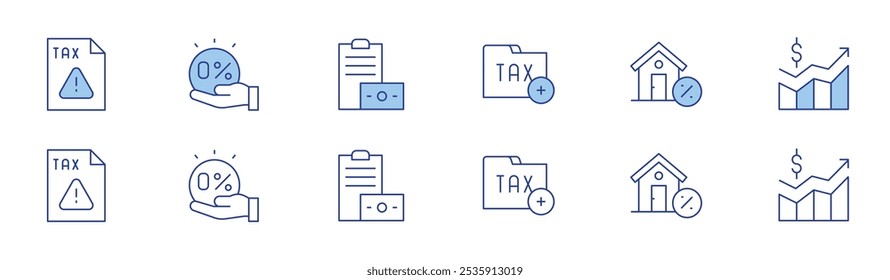 Icono de impuesto establecido en dos estilos, estilo Duotone y línea fina. Trazo editable. advertencia, libre de impuestos, impuestos, impuestos, propiedad.
