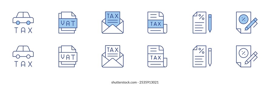 Tax icon set in two styles, Duotone and Thin Line style. Editable stroke. taxes, taxation, loan, tax, vat.