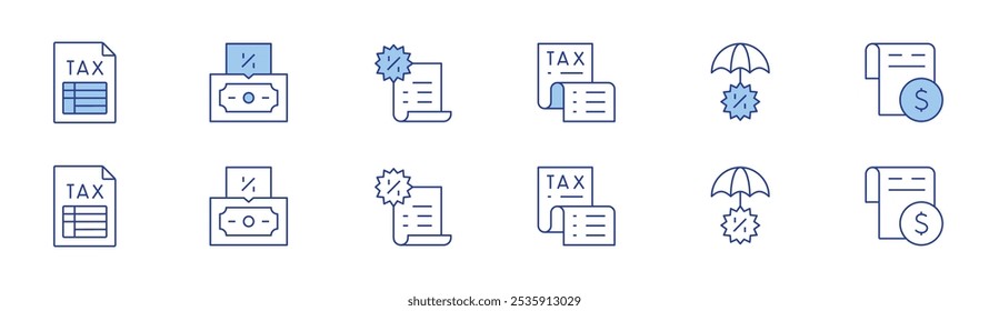 Ícone de imposto definido em dois estilos, Duotônico e Linha fina. Curso editável. Imposto, proteção, dinheiro, herança, fatura.