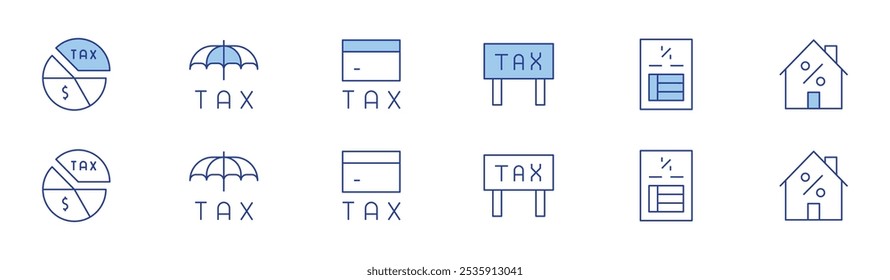 Tax icon set in two styles, Duotone and Thin Line style. Editable stroke. tax, house, pie chart, insurance, credit card.