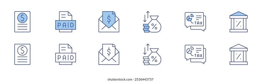 Ícone de imposto definido em dois estilos, Duotônico e Linha fina. Curso editável. taxa de juros, chat, banco, imposto, pago.