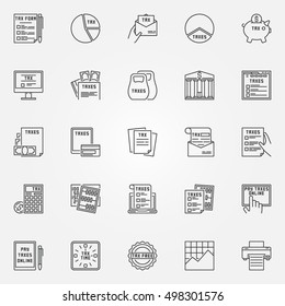 Tax icon set. Vector tax form outline symbols. Minimal taxes signs and finance design elements in thin line style