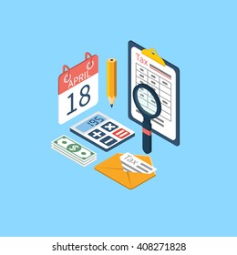 Vector de icono de impuestos. Pago de impuestos. Diseño 3d isométrico. Análisis de datos, papeleo, investigación financiera, informe. Formulario de impuestos de cálculo. Vector. Pago de la deuda.