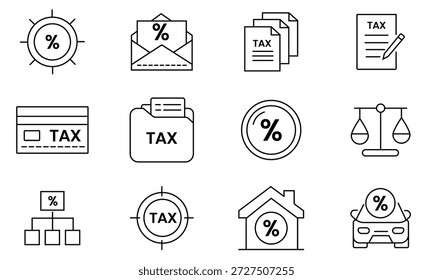 Conjunto de Vectores de íconos de impuestos. Esquema de impuestos simples, icono de impuestos. Contiene devolución de impuestos, deducción de impuestos, calculadora, IVA, pago, contabilidad, iconos de ingresos. Ilustración vectorial.
