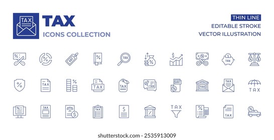 Tax icons collection. Thin Line icons, editable stroke. tax, shield, search, vat, taxes, tax calculate, pie chart, interest rate, chat, bank, value, tax office.