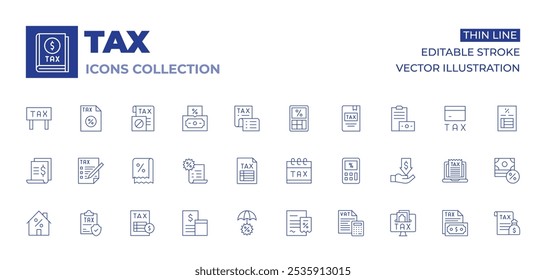 Colección de iconos de impuestos. Iconos de línea fina, trazo editable. impuesto, Comprobante, protección, impuestos, casa, herencia, calendario, calculadora, cálculo, libro, factura, contabilidad.