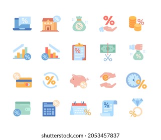 Tax icons colorful. Layouts, mockups for credit institutions website. Investments, savings, percent. Piggy bank, coins, dollar, money. Cartoon flat vector illustration isolated on white background