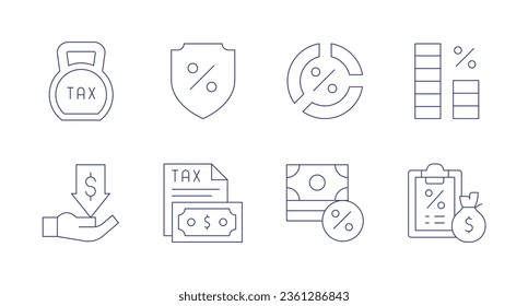 Steuersymbole. bearbeitbarer Strich. Mit Schild, Bezahlung, Steuern berechnen, Steuern, Kuchen-Diagramm, Investition.