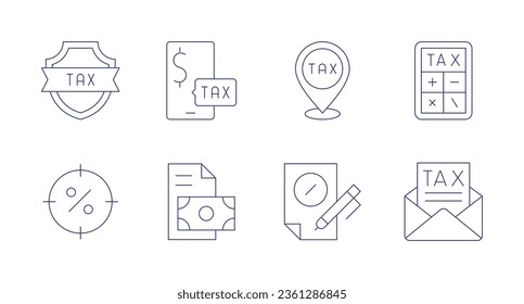 Tax icons. editable stroke. Containing shield, pay, tax calculate, tax, pie chart, investment.