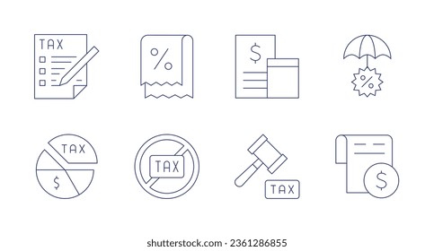 Tax icons. editable stroke. Containing receipt, protection, no tax, money, tax, pie chart, court, accounting.