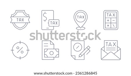 Tax icons. editable stroke. Containing shield, pay, tax calculate, tax, pie chart, investment.