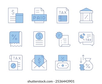 Ícones de impostos. Linha Duotone estilo, curso editável. imposto, recebimento, herança, faturamento, contabilidade, taxa de juros, bate-papo, banco, pago.