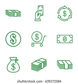 Tax icons set. set of 9 tax outline icons such as money, money sack, payment, dollar
