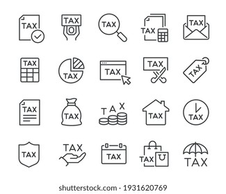 Tax Icons Set. Collection of linear simple web icons such as Tax Return, Calendar,Form, Purchase , Counting Tax and other. Editable vector stroke.