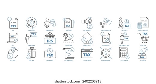 Tax icons set. Set of editable stroke icons.Vector set of Tax