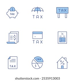 Tax icons set. Line Duotone style, editable stroke. tax, house, pie chart, insurance, credit card, savings, taxes.