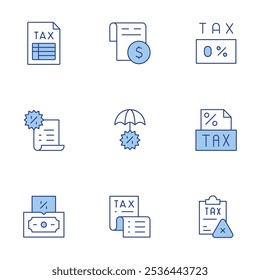 Ícones de imposto definidos. Linha Duotone estilo, curso editável. imposto, proteção, dinheiro, herança, fatura, impostos, livre de impostos.