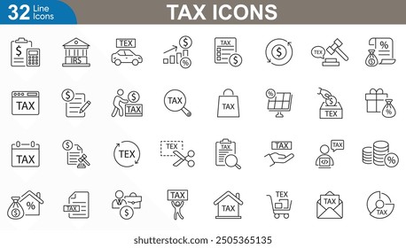 Tax icons set. Payment, tax form, calculator, receipt, money bag, refund, audit, calendar, percentage and more. vector illustration.