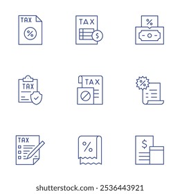 Ícones de imposto definidos. Estilo Thin Line, curso editável. imposto, recibo, herança, faturamento, contabilidade.