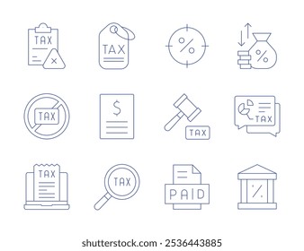 Ícones de impostos. Estilo Thin Line, curso editável. imposto, pesquisa, pago, foco, taxa de juros, bate-papo, banco, sem imposto, tribunal.