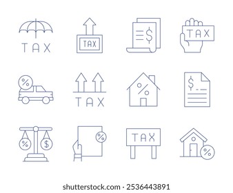 Tax icons. Thin Line style, editable stroke. tax, property, financial, taxes, house, insurance, car, balance.