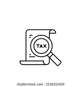 Tax identification icon. Simple outline style. Document with magnifying glass, file analysis concept. Vector illustration design isolated. EPS 10.