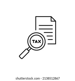 Tax identification icon. Simple outline style. Document with magnifying glass, file analysis concept. Vector illustration design isolated. EPS 10.