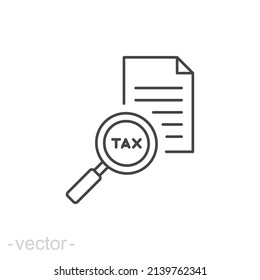 Tax identification icon. Simple outline style. Document with magnifying glass, file analysis concept. Vector illustration design isolated. Editable stroke EPS 10.