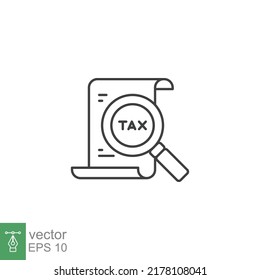 Tax identification icon. Simple outline style. Document with magnifying glass, file analysis concept. Vector illustration design isolated. EPS 10.