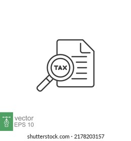 Tax identification icon. Simple outline style. Document with magnifying glass, file analysis concept. Vector illustration design isolated. EPS 10.