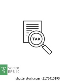 Tax identification icon. Simple outline style. Document with magnifying glass, file analysis concept. Vector illustration design isolated. EPS 10.