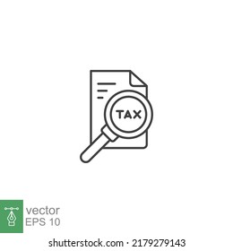 Tax identification icon. Simple outline style. Document with magnifying glass, file analysis concept. Vector illustration design isolated. EPS 10.