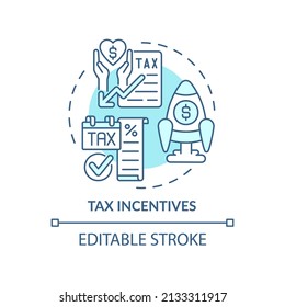Tax incentives turquoise concept icon. Financial care. Encouraging business activity abstract idea thin line illustration. Isolated outline drawing. Editable stroke. Arial, Myriad Pro-Bold fonts used