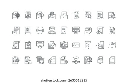 Tax and income audit procedure, invoice, CV thin black outline symbols vector illustration. Legal document, policy and contract, paper certificate, form and file management line icon set.
