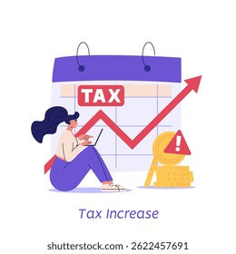 Aumento de imposto. Mulher paga impostos com calculadora. Serviço de administração financeira. Conjunto de gestão financeira, dívida, deveres, auditoria e contabilidade. Ilustração vetorial para interface do usuário, faixa