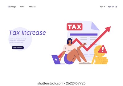 Aumento de imposto. Mulher paga impostos com calculadora. Serviço de administração financeira. Conjunto de gestão financeira, dívida, deveres, auditoria e contabilidade. Ilustração vetorial para interface do usuário, faixa