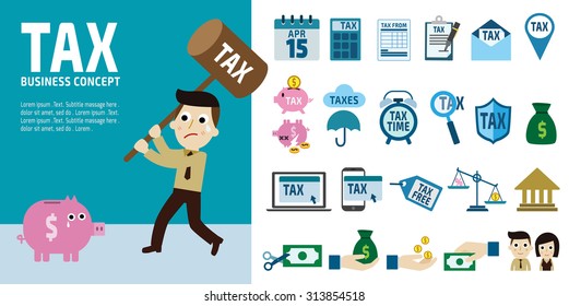 tax. infographic elements. business man hold hammer about to smash piggy bank. cartoon character. set flat icons modern design isolated on white background. graphic illustration.