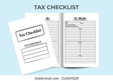 Tax information checklist interior. Income tax information and daily expense notebook template. Interior of a journal. Employee income or expense statement and tax information tracker interior.