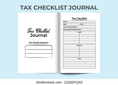 Tax information logbook Interior. Employee government tax information and expense tracker template. Interior of a journal. Tax checklist notebook and income statement journal interior.