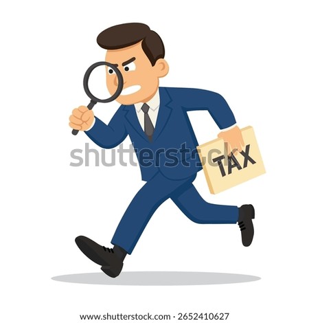 Tax inspector in a blue suit running with a TAX folder and looking through a magnifying glass. Vector illustration. Cartoon style. Tax audit, inspection or investigation. Isolated on white.