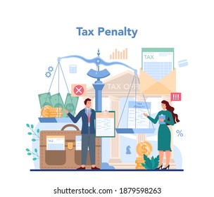 Tax inspector concept. Idea of accounting and payment. Tax penalty. Financial bill, financial legislation compliance monitoring. Flat vector illustration