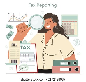 Tax inspector concept. Idea of accounting and payment consultation. Financial bill audit, financial reporting. Internal Revenue Service consultation. Flat vector illustration