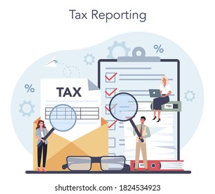 Tax inspector concept. Idea of tax reporting and control. Financial bill, financial legislation compliance monitoring. Data in the document and paperwork. Flat vector illustration