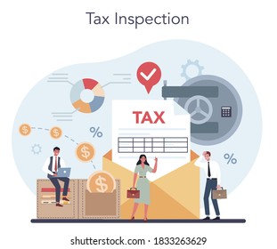 Concepto de inspector de impuestos. Idea de presentación de informes y control tributarios. Proyecto de ley financiera, control del cumplimiento de la legislación financiera. Datos del documento y del papeleo. Ilustración vectorial plana
