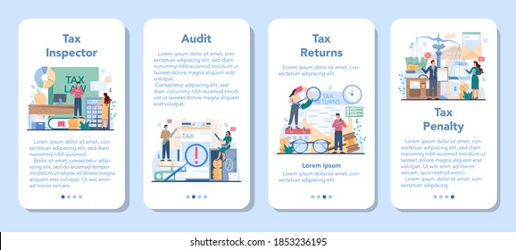 Tax inspector mobile application banner set. Idea of accounting and payment. Tax audit, returns, penalty. Financial bill, financial legislation compliance monitoring. Flat vector illustration