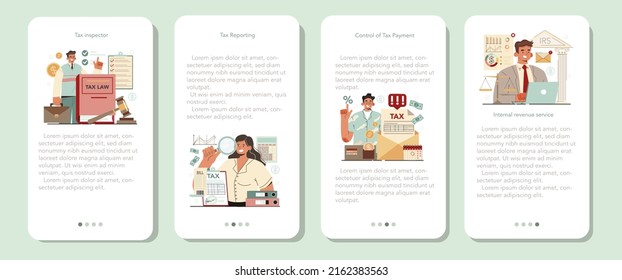 Banner-Set für Steuerprüfer für mobile Anwendungen. Idee der Rechnungslegung und Zahlungsberatung. Finanzaudit, Rechnungslegung. Konsultation der Steuerbehörde. Flache Vektorgrafik